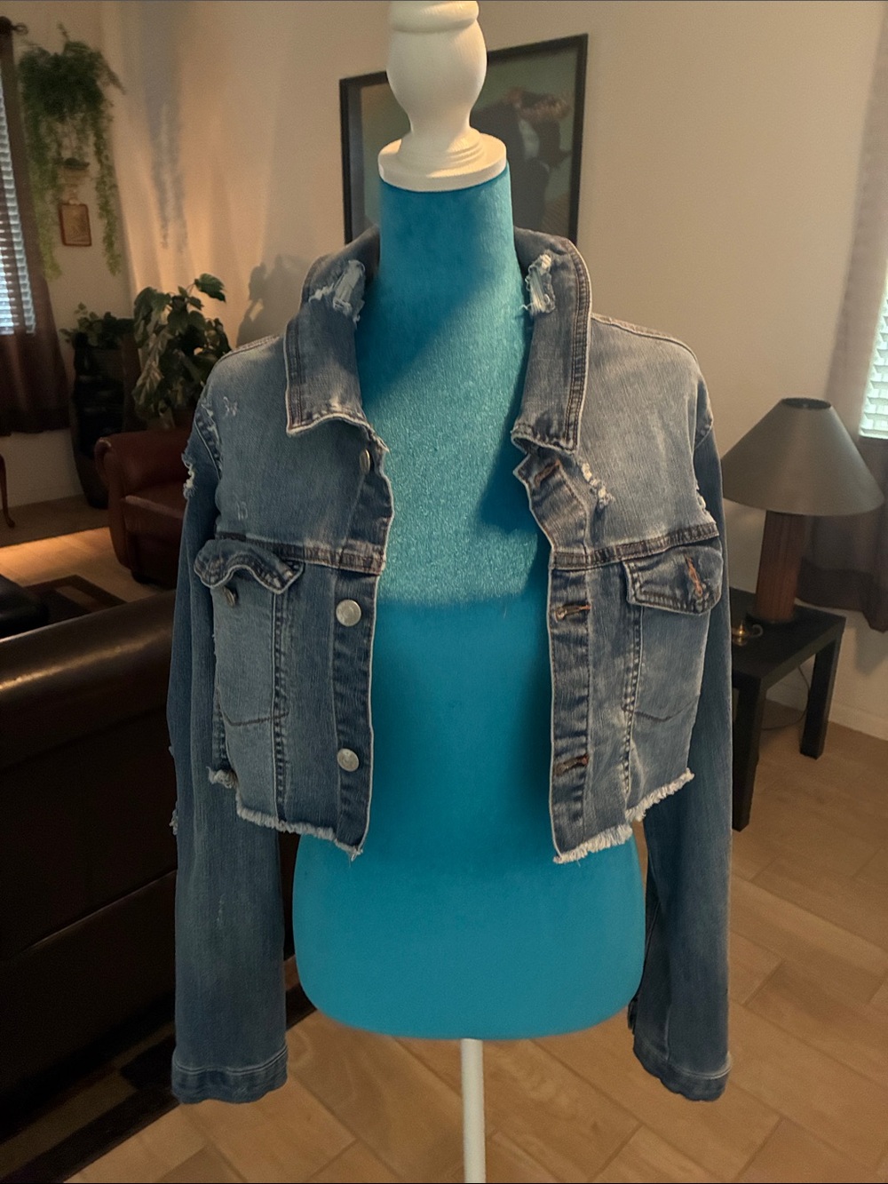 Cropped Distressed Denim Jacket - Light Blue